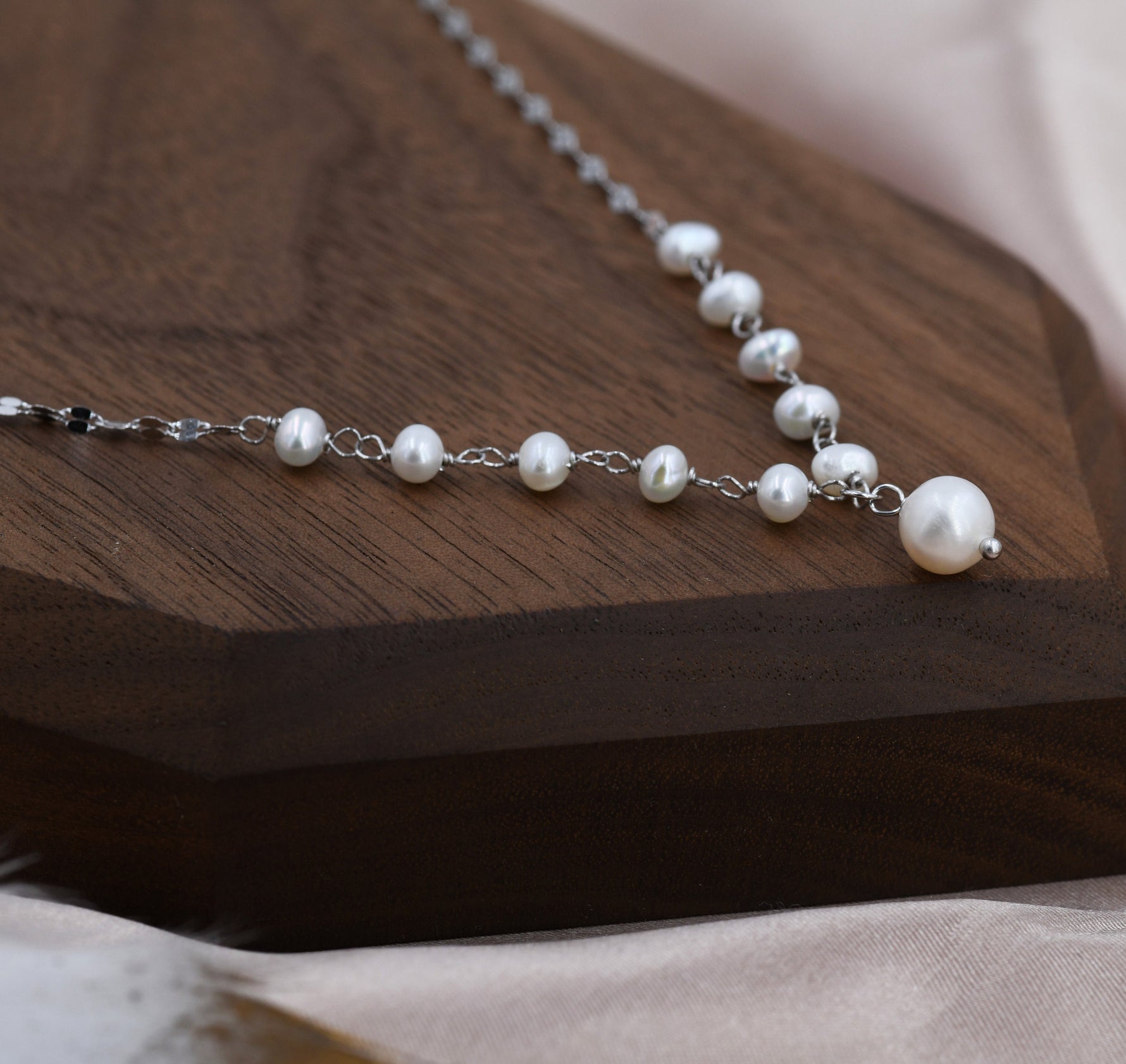 Genuine Pearl Beaded Necklace in Sterling Silver, Silver or Gold , Genuine Freshwater Pearls, Pearl Necklace, Y Necklace