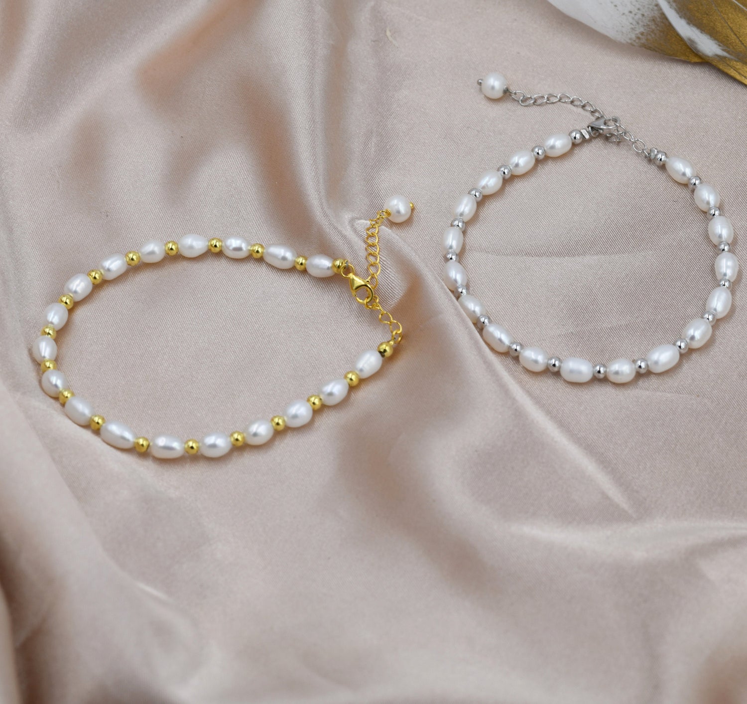 Oval Pearl and Silver Bead Bracelet