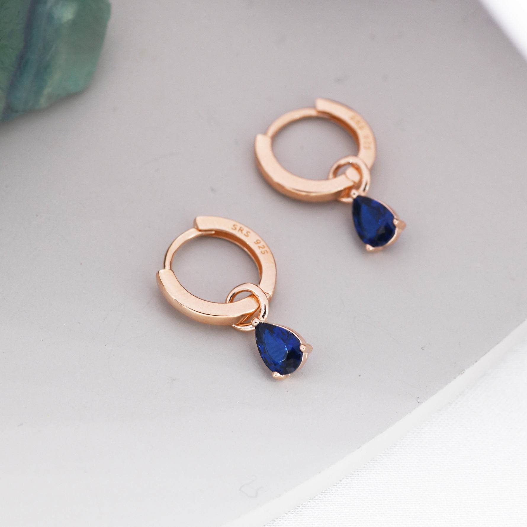 Sterling Silver Sapphire Blue CZ Droplet Hoop Earrings, Silver, Gold or Rose Gold, Pear Cut Drop Earrings, Interchangeable Charms