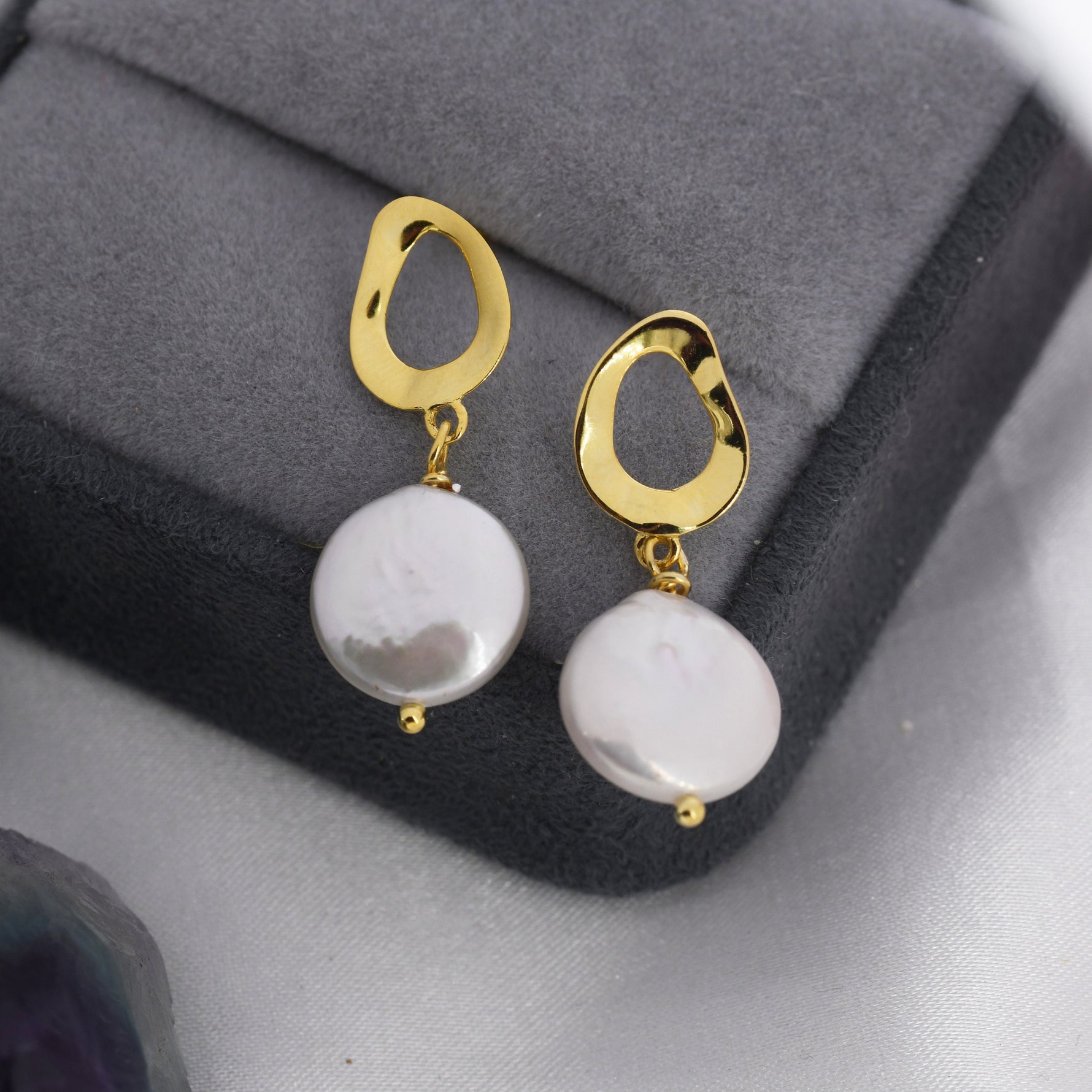 Genuine Freshwater Pearl Drop Stud Earrings, Baroque Pearl, Keshi Pearl, Coin, Sterling silver with 18ct Gold Plating, Contemporary Design