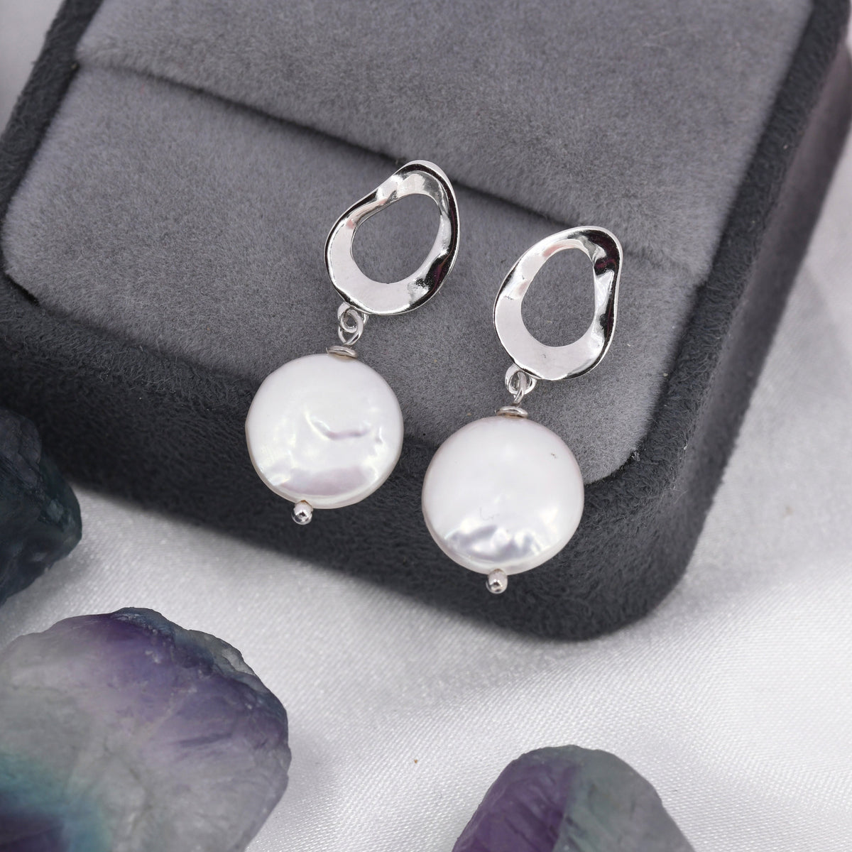 Genuine Freshwater Pearl Drop Stud Earrings, Baroque Pearl, Keshi Pearl, Coin, Sterling silver with 18ct Gold Plating, Contemporary Design