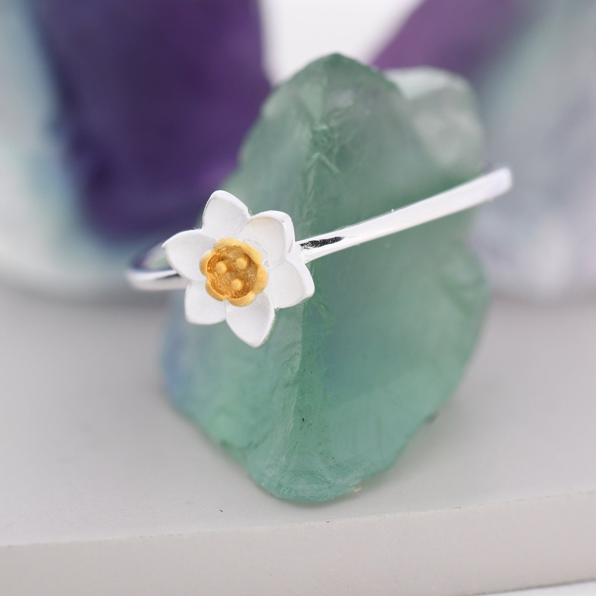 Sterling Silver Daffodil Flower Ring, Pretty and Cute Blossom Flower Ring , with Partial 18ct Gold Plating, US 5 -8