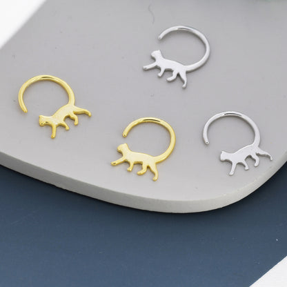 Tiny Cat Hoop Earrings in Sterling Silver, Silver or Gold, Minimalist Cat Silhouette Earrings, Simple Cat Earrings