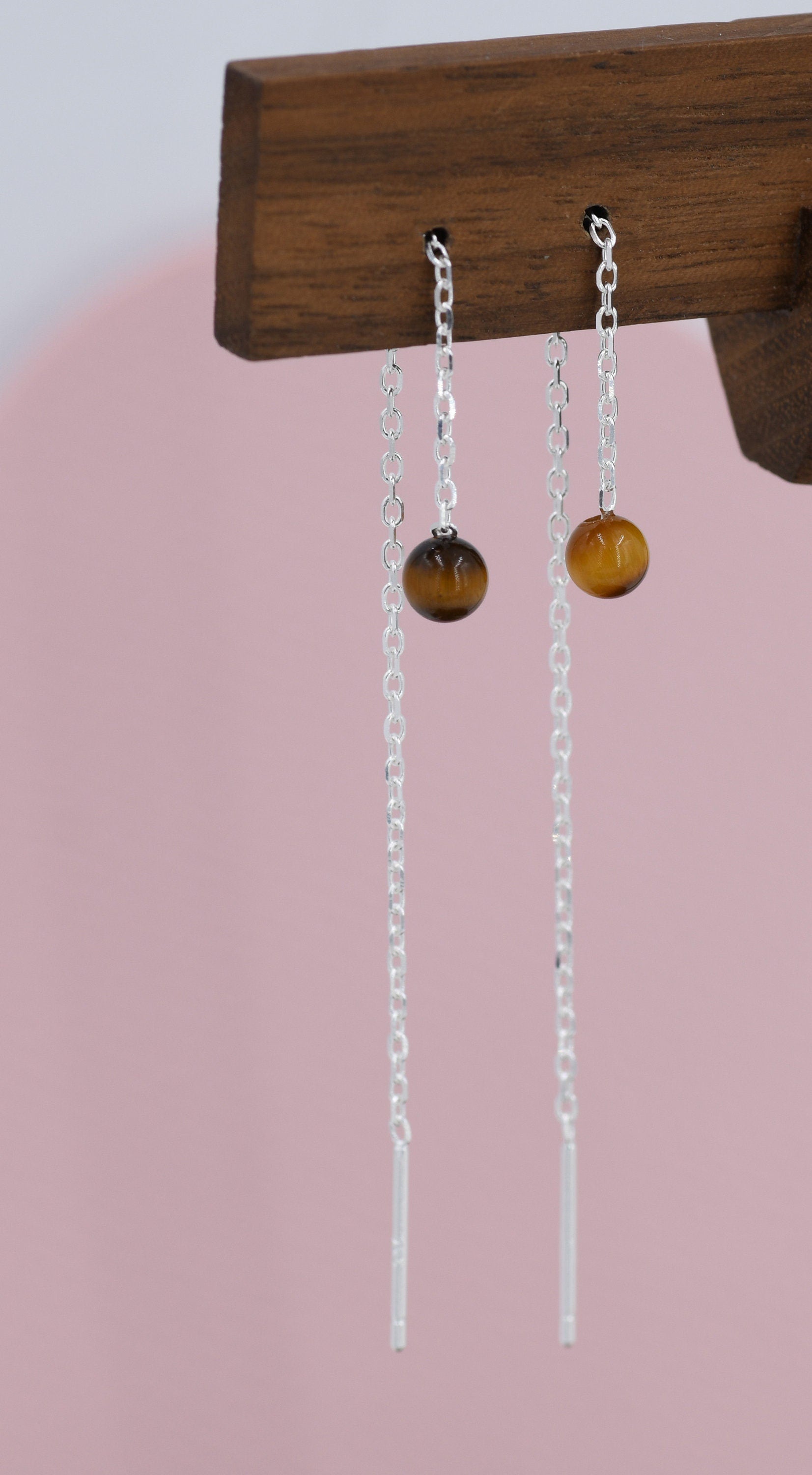 Genuine Tiger's Eye Gemstone Threader Earrings in Sterling Silver, 8cm Ear Threaders, Natural Semi Precious Gemstone Ear Threaders