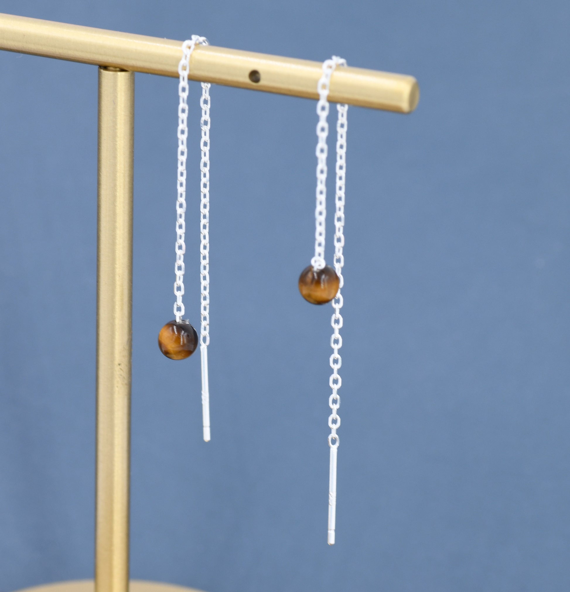 Genuine Tiger's Eye Gemstone Threader Earrings in Sterling Silver, 8cm Ear Threaders, Natural Semi Precious Gemstone Ear Threaders