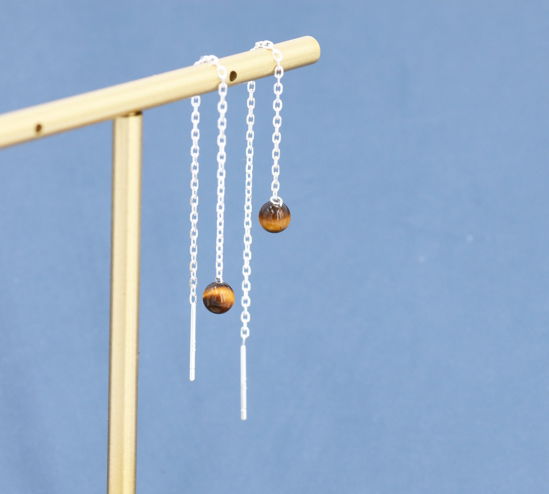 Genuine Tiger's Eye Gemstone Threader Earrings in Sterling Silver, 8cm Ear Threaders, Natural Semi Precious Gemstone Ear Threaders