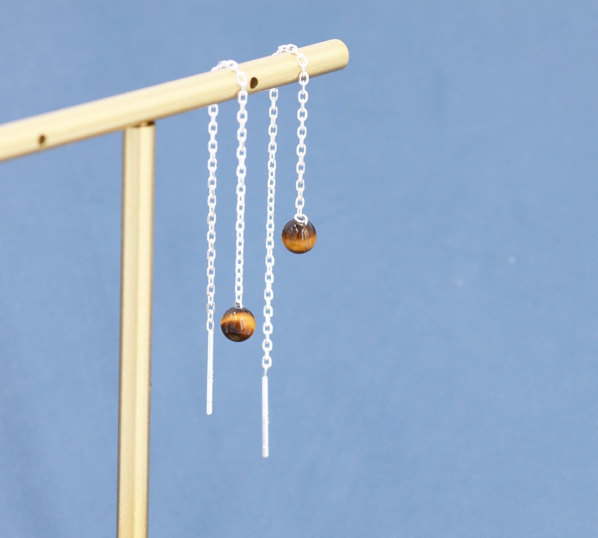 Genuine Tiger's Eye Gemstone Threader Earrings in Sterling Silver, 8cm Ear Threaders, Natural Semi Precious Gemstone Ear Threaders