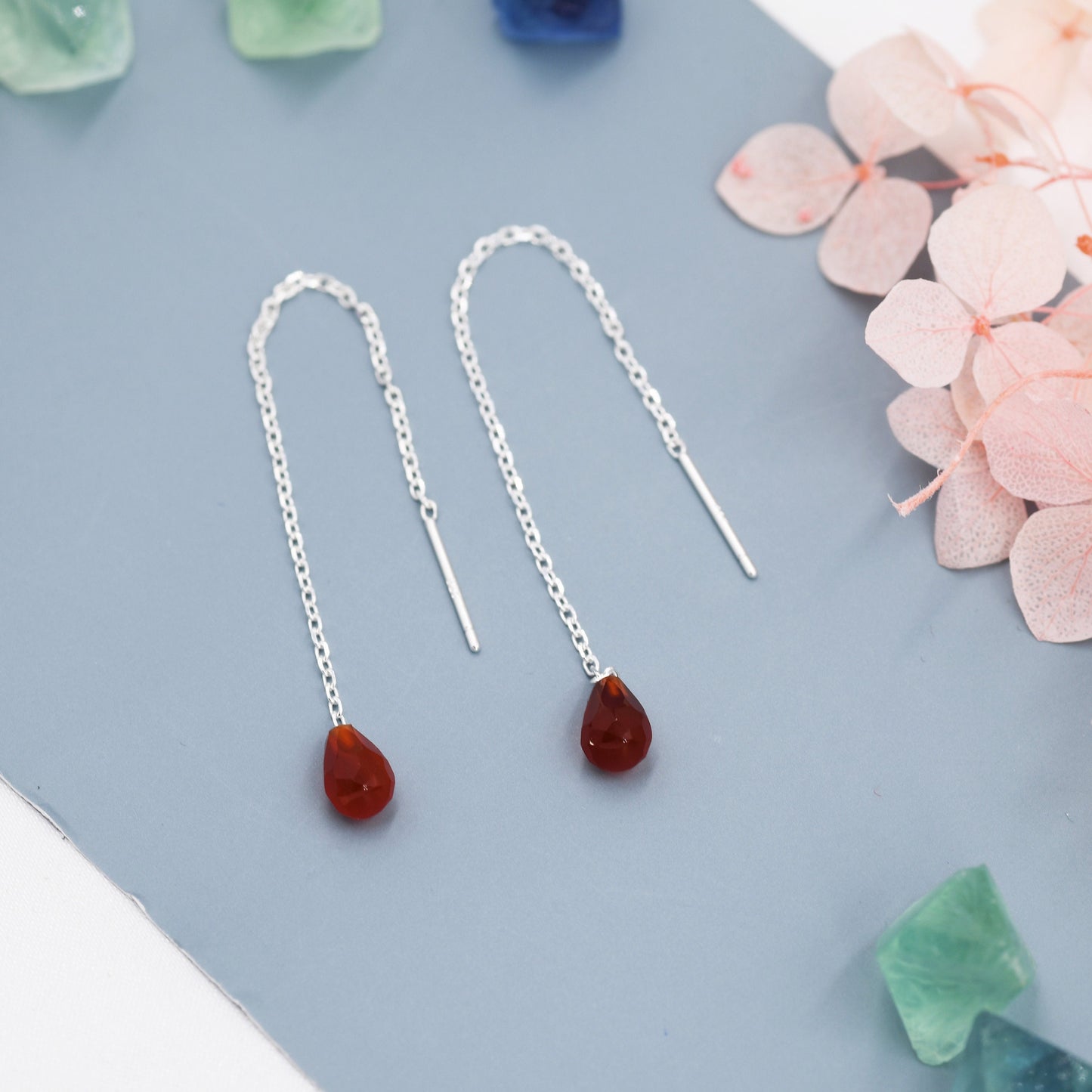 Genuine Carnelian Threader Earrings in Sterling Silver, 8cm Ear Threaders, Faceted Droplet, Natural Semi Precious Gemstone Ear Threaders