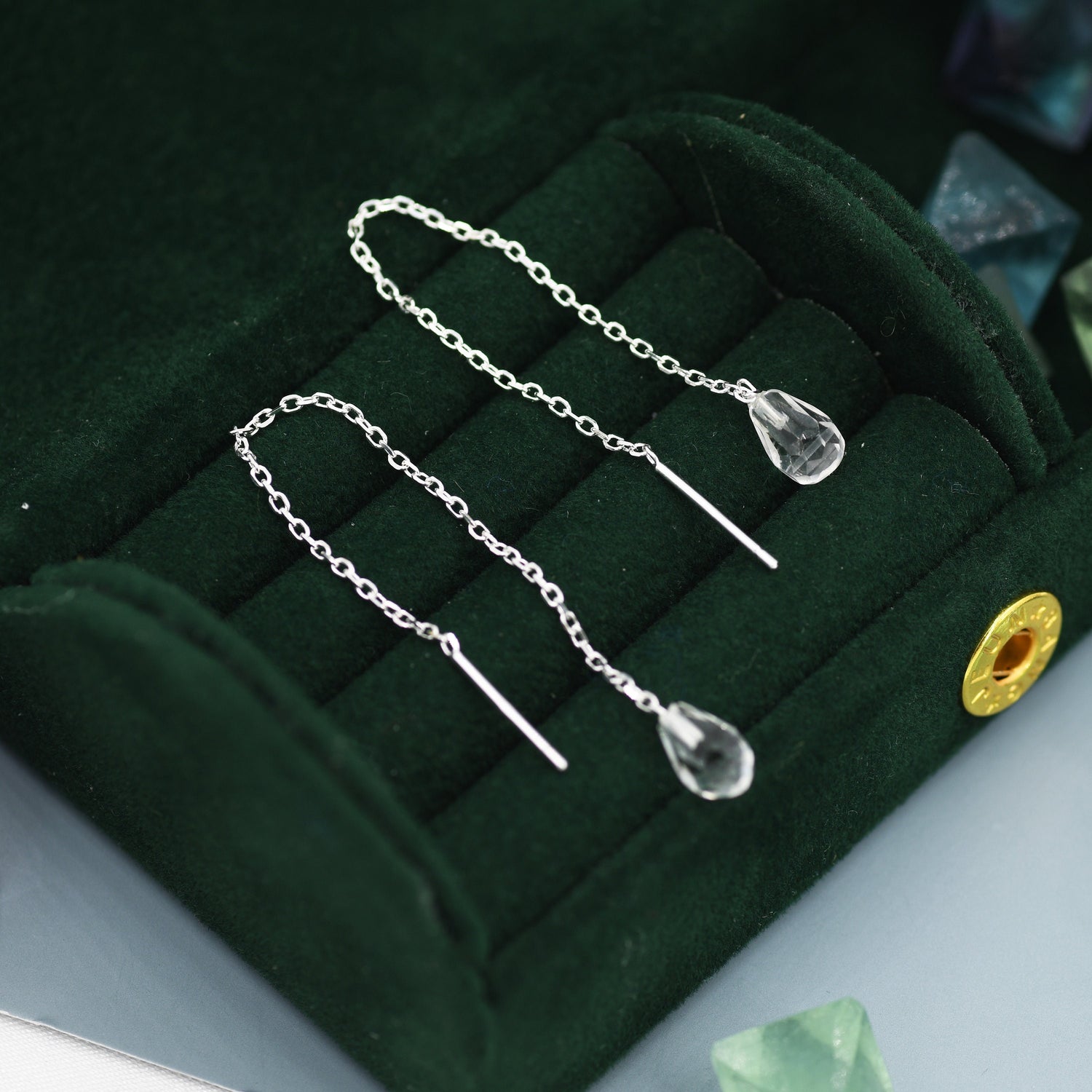 Genuine Clear Quartz Crystal Threader Earrings in Sterling Silver, 8cm Ear Threaders, Faceted Droplet, Natural Gemstone Ear Threaders