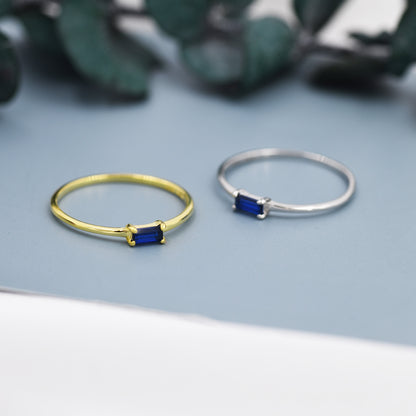 Sapphire Blue Baguette CZ Ring in Sterling Silver, Silver or Gold, Minimalist Single Baguette CZ Ring US 5 - 8