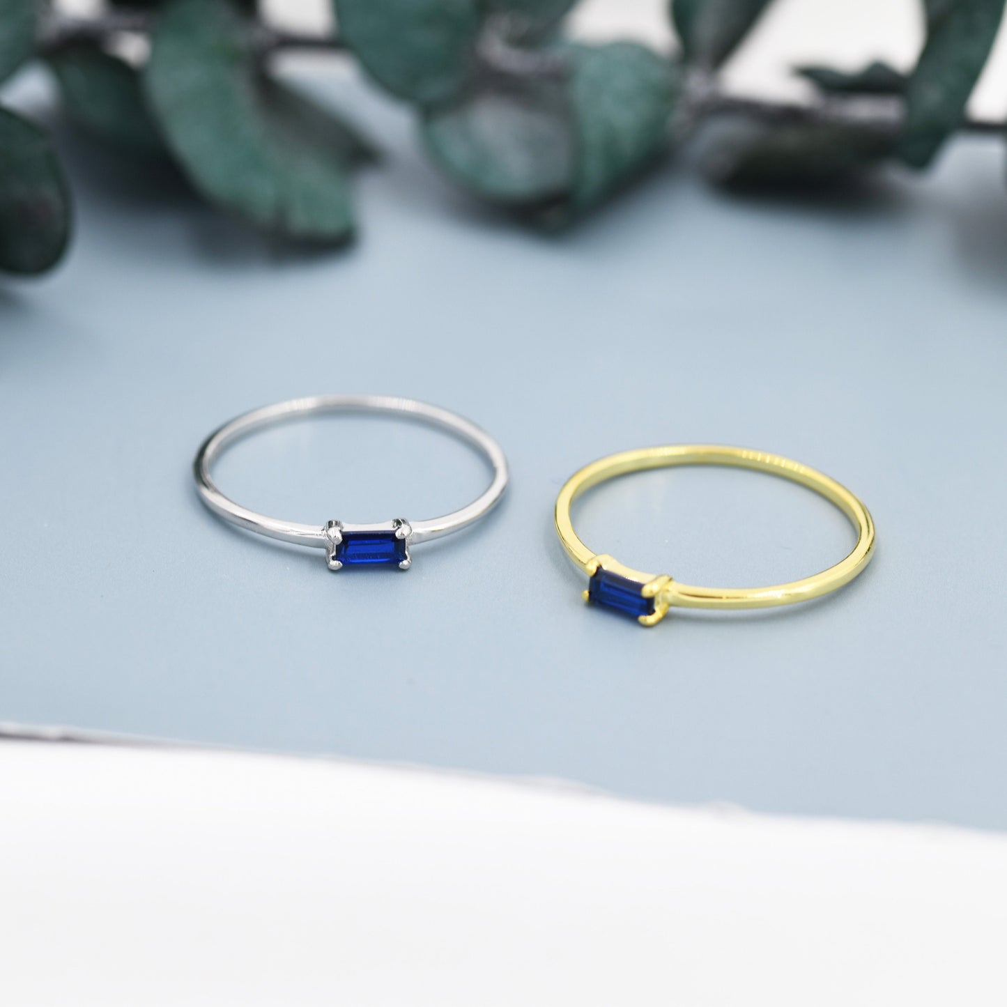 Sapphire Blue Baguette CZ Ring in Sterling Silver, Silver or Gold, Minimalist Single Baguette CZ Ring US 5 - 8