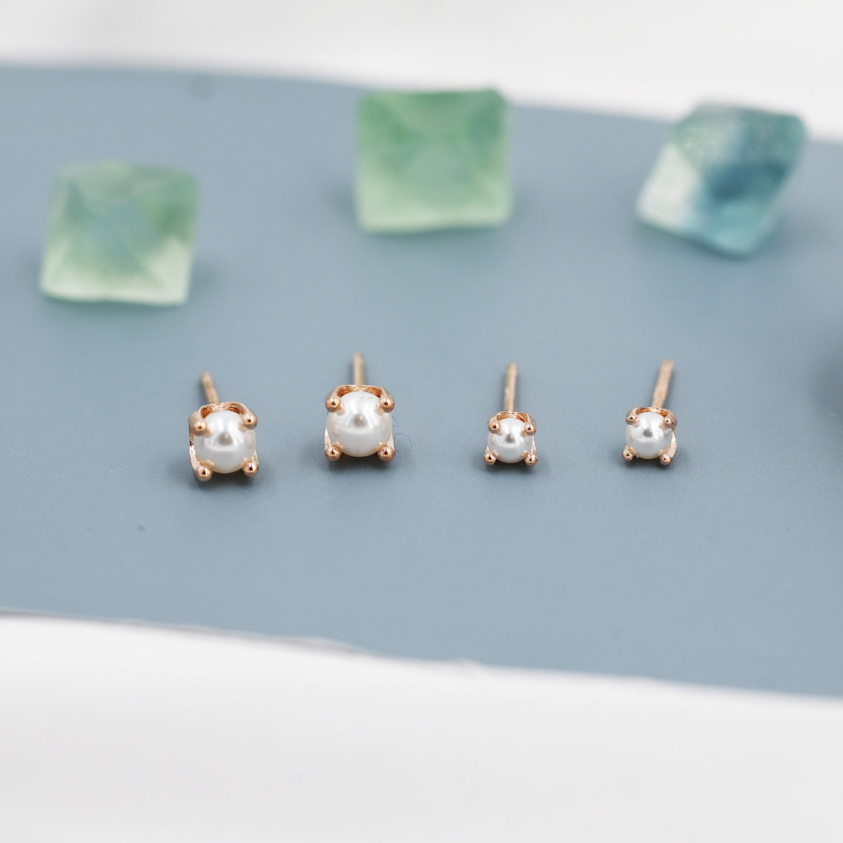 Tiny Pearl Stud Earrings in Sterling Silver, Silver or Gold or Rose Gold, Four Prong, 3mm, 4mm and 5mm Minimalist Pearl Earrings,