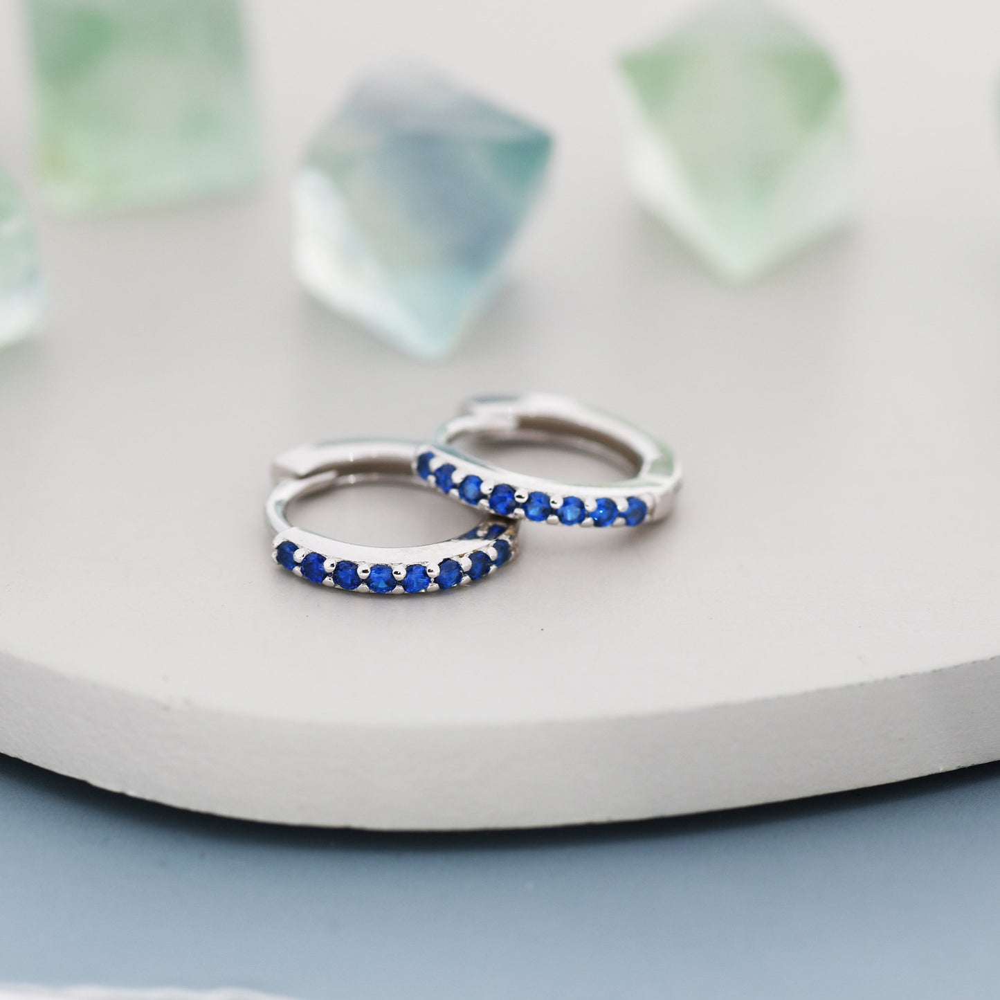 Sapphire Blue CZ Huggie Hoops in Sterling Silver, Silver or Gold, 6mm, 7mm, 8mm and 9mm Inner Diameter Hoop Earrings, Turquoise Earrings