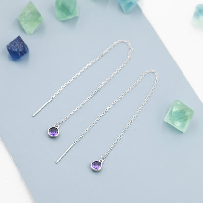 Amethyst Purple CZ Dot Threader Earrings in Sterling Silver, Silver or Gold, Minimalist Double Piercing Ear Threaders, February Birthstone