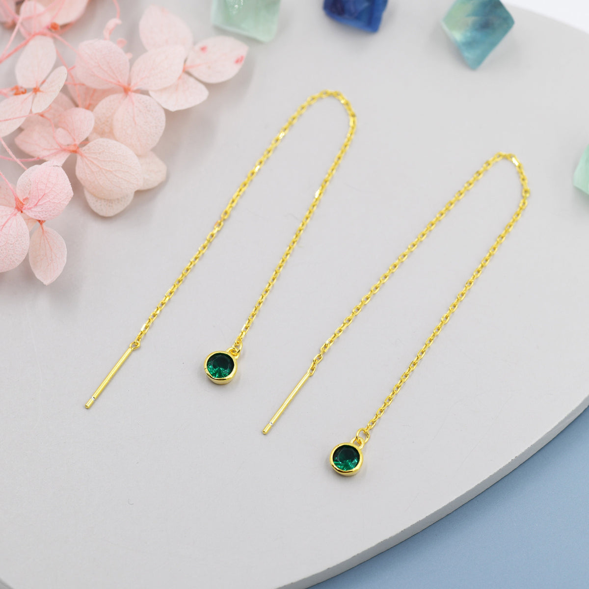 Emerald Green CZ Dot Threader Earrings in Sterling Silver, Silver or Gold, Minimalist Double Piercing Ear Threaders, May Birthstone