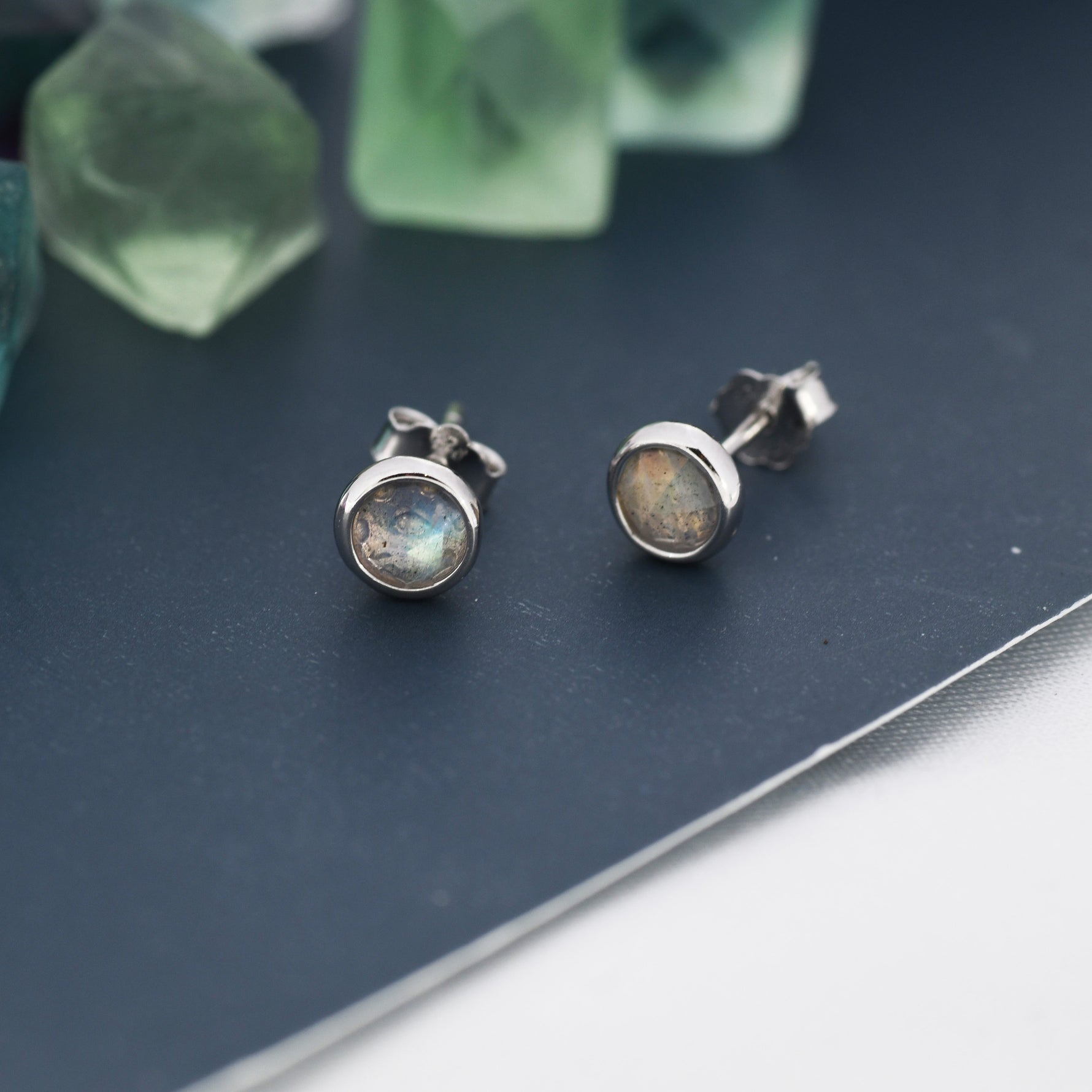 Sterling Silver Rose Cut Labradorite Stud Earrings, 3mm or 4mm, Genuine Labradorite Gemstone Stud, Bezel, Minimalist Style