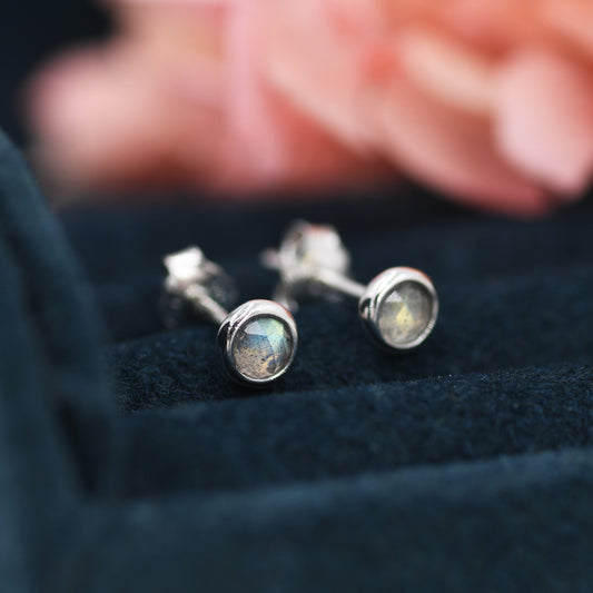 Sterling Silver Rose Cut Labradorite Stud Earrings, 3mm or 4mm, Genuine Labradorite Gemstone Stud, Bezel, Minimalist Style