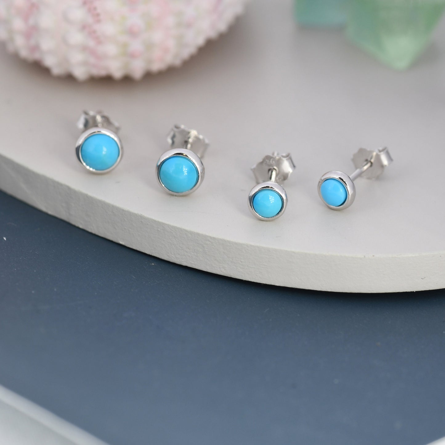 Sterling Silver Turquoise Stud Earrings, 3mm or 4mm, Genuine Turquoise Gemstone Stud, Bezel, Minimalist Style, December Birthstone