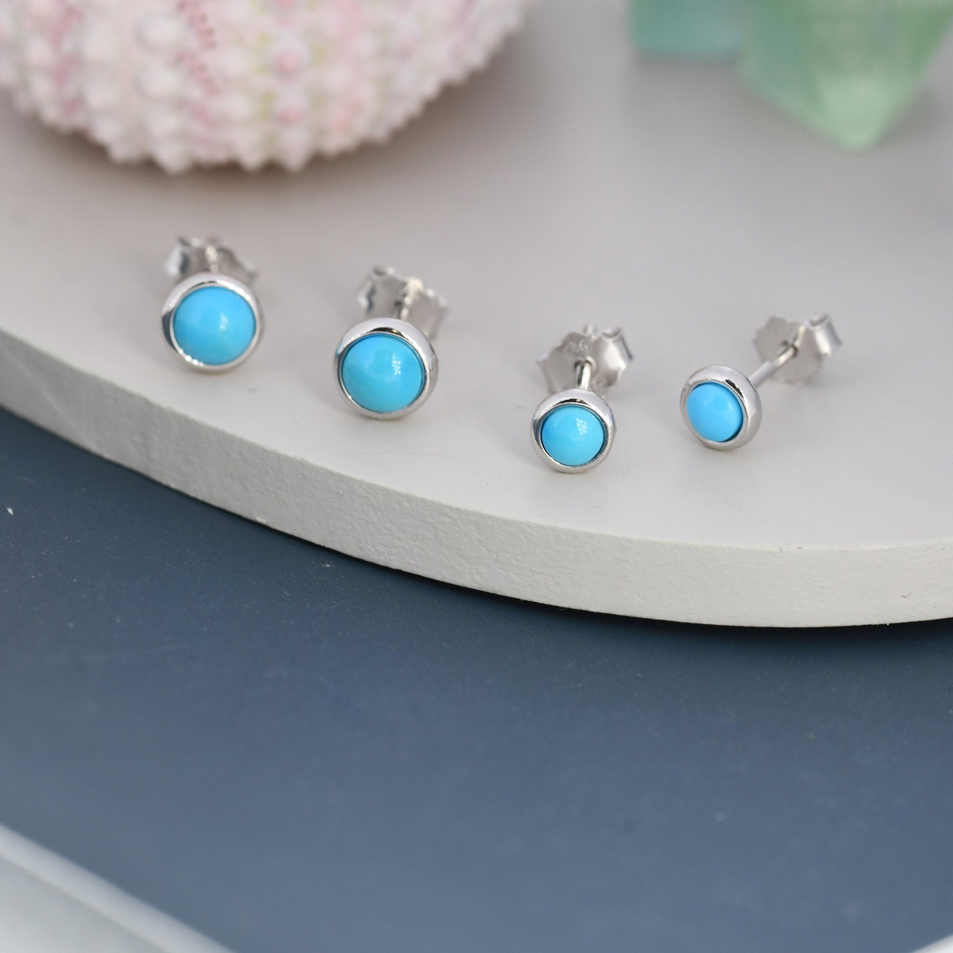 Sterling Silver Turquoise Stud Earrings, 3mm or 4mm, Genuine Turquoise Gemstone Stud, Bezel, Minimalist Style, December Birthstone