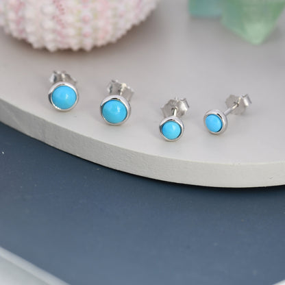 Sterling Silver Turquoise Stud Earrings, 3mm or 4mm, Genuine Turquoise Gemstone Stud, Bezel, Minimalist Style, December Birthstone