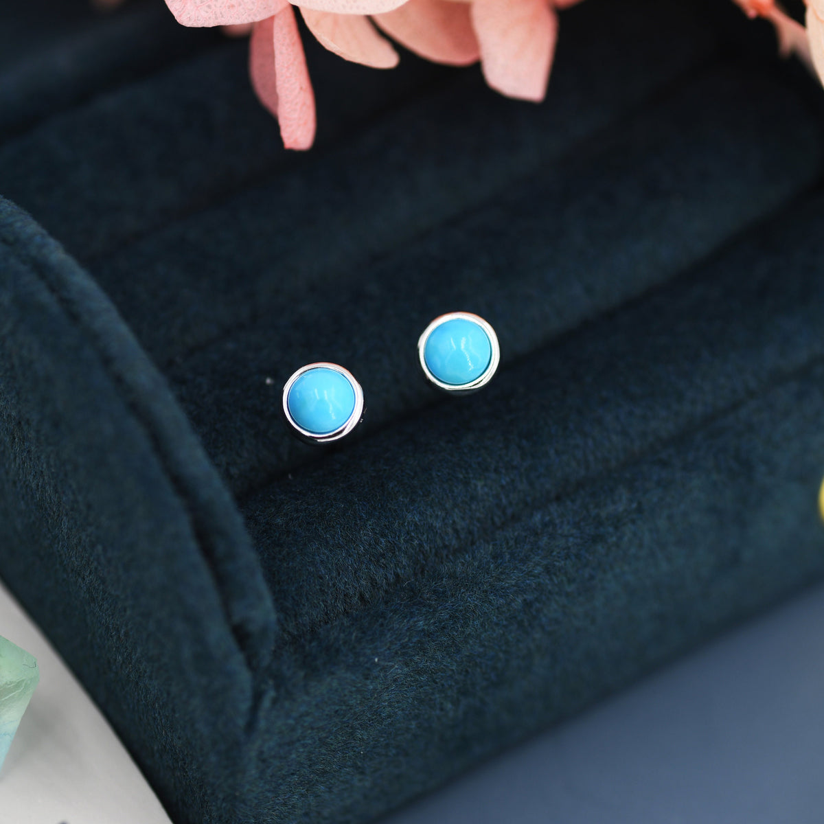 Sterling Silver Turquoise Stud Earrings, 3mm or 4mm, Colour Enhanced Blue Turquoise Gemstone Stud, Bezel, Minimalist December Birthstone