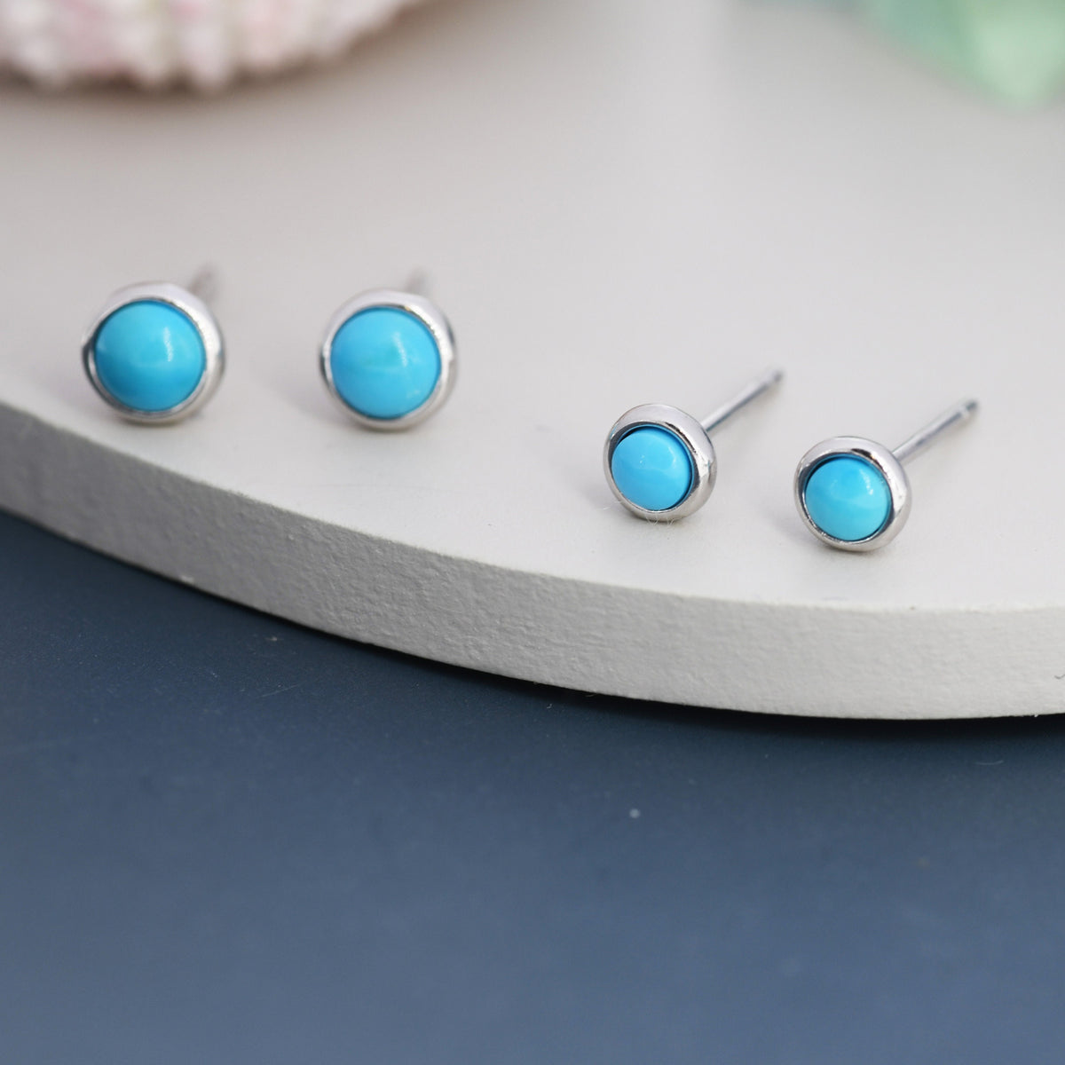 Sterling Silver Turquoise Stud Earrings, 3mm or 4mm, Colour Enhanced Blue Turquoise Gemstone Stud, Bezel, Minimalist December Birthstone