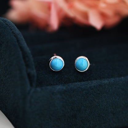 Sterling Silver Turquoise Stud Earrings, 3mm or 4mm, Genuine Turquoise Gemstone Stud, Bezel, Minimalist Style, December Birthstone