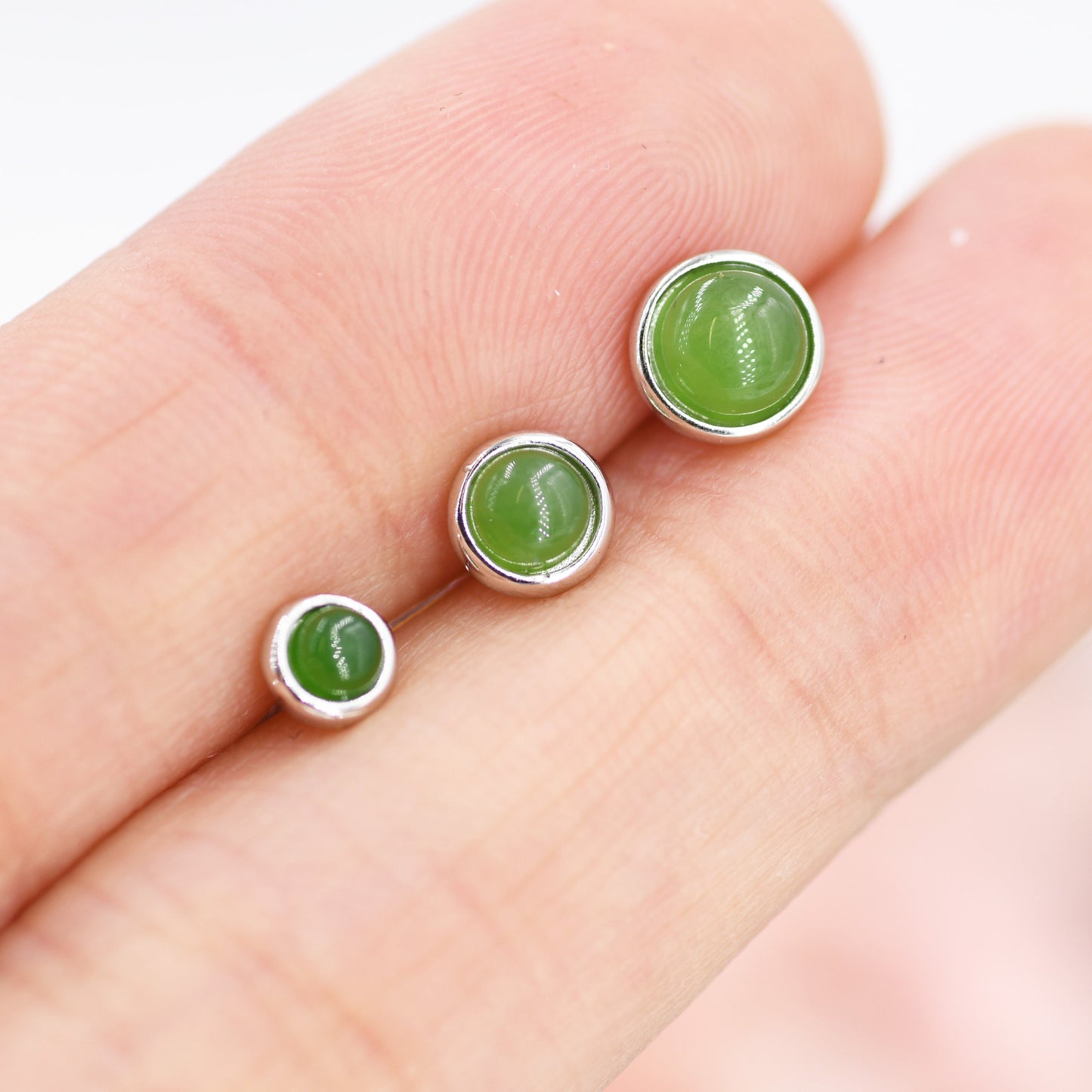 Sterling Silver Natural Jade Stud Earrings, 3mm, 4mm or 5mm, Genuine Jade Gemstone Stud, Bezel, Minimalist Style, Jasper Jade, Jasper Stone