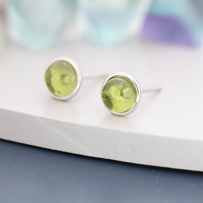 Sterling Silver Natural  Peridot Stud Earrings, 4mm or 5mm, Genuine Peridot Gemstone Stud, Bezel, Minimalist Style, August Birthstone