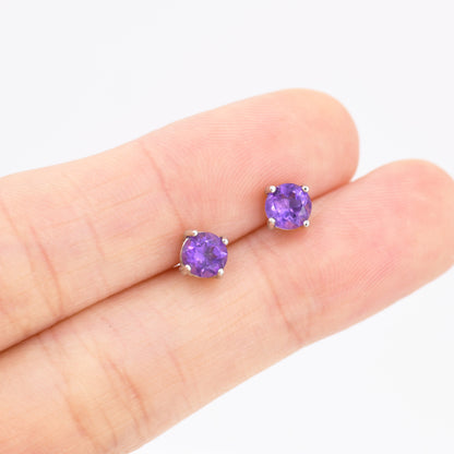 Sterling Silver Natural Amethyst Stud Earrings, 4mm Prong Set, Genuine Amethyst Gemstone Stud, Minimalist Style, February Birthstone