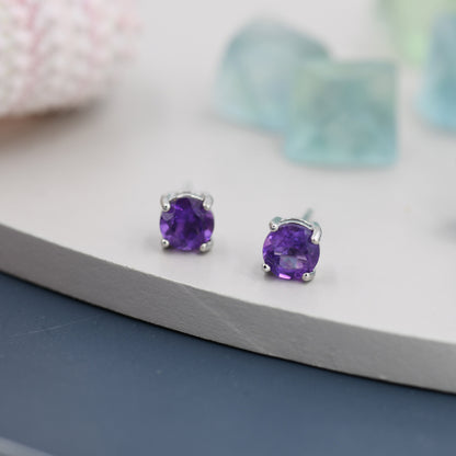 Sterling Silver Natural Amethyst Stud Earrings, 4mm Prong Set, Genuine Amethyst Gemstone Stud, Minimalist Style, February Birthstone