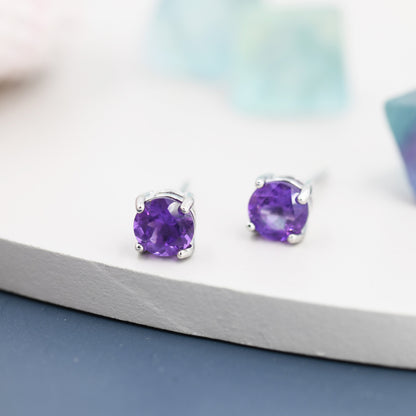 Sterling Silver Natural Amethyst Stud Earrings, 4mm Prong Set, Genuine Amethyst Gemstone Stud, Minimalist Style, February Birthstone