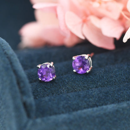 Sterling Silver Natural Amethyst Stud Earrings, 4mm Prong Set, Genuine Amethyst Gemstone Stud, Minimalist Style, February Birthstone