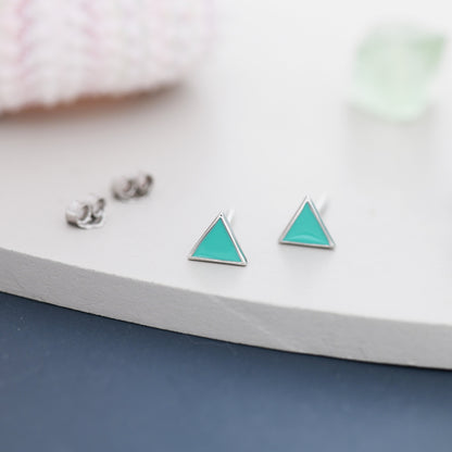 Sterling Silver Tiny Little Teal (Turquoise) Blue Triangle Stud Earrings, Minimalist Geometric Jewellery, Simple Studs