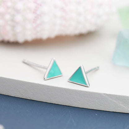 Sterling Silver Tiny Little Teal (Turquoise) Blue Triangle Stud Earrings, Minimalist Geometric Jewellery, Simple Studs