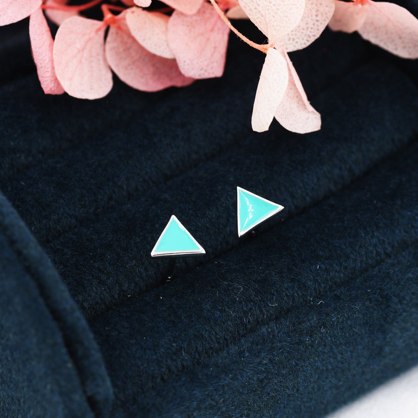 Sterling Silver Tiny Little Teal (Turquoise) Blue Triangle Stud Earrings, Minimalist Geometric Jewellery, Simple Studs