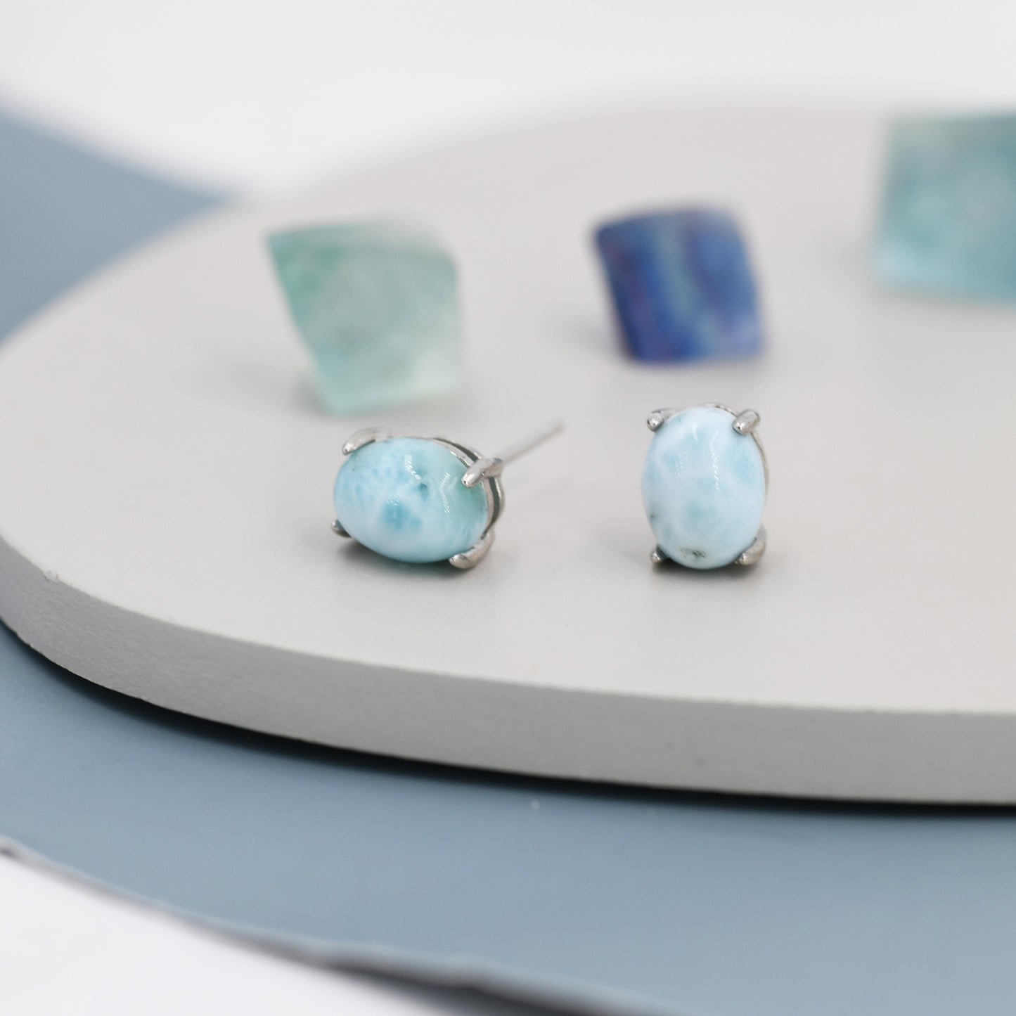 Genuine Larimar Stone Oval Stud Earrings in Sterling Silver, Blue Larimar Stud, Natural Semi-Precious Gemstones, Minimalist  Earrings