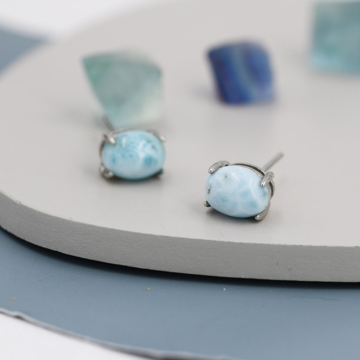 Genuine Larimar Stone Oval Stud Earrings in Sterling Silver, Blue Larimar Stud, Natural Semi-Precious Gemstones, Minimalist Earrings