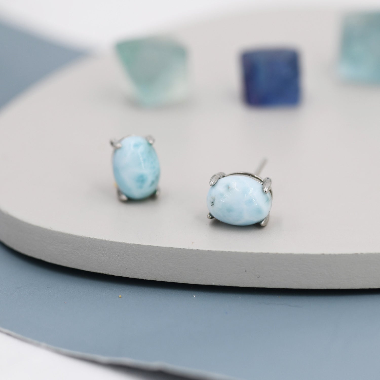 Genuine Larimar Stone Oval Stud Earrings in Sterling Silver, Blue Larimar Stud, Natural Semi-Precious Gemstones, Minimalist Earrings