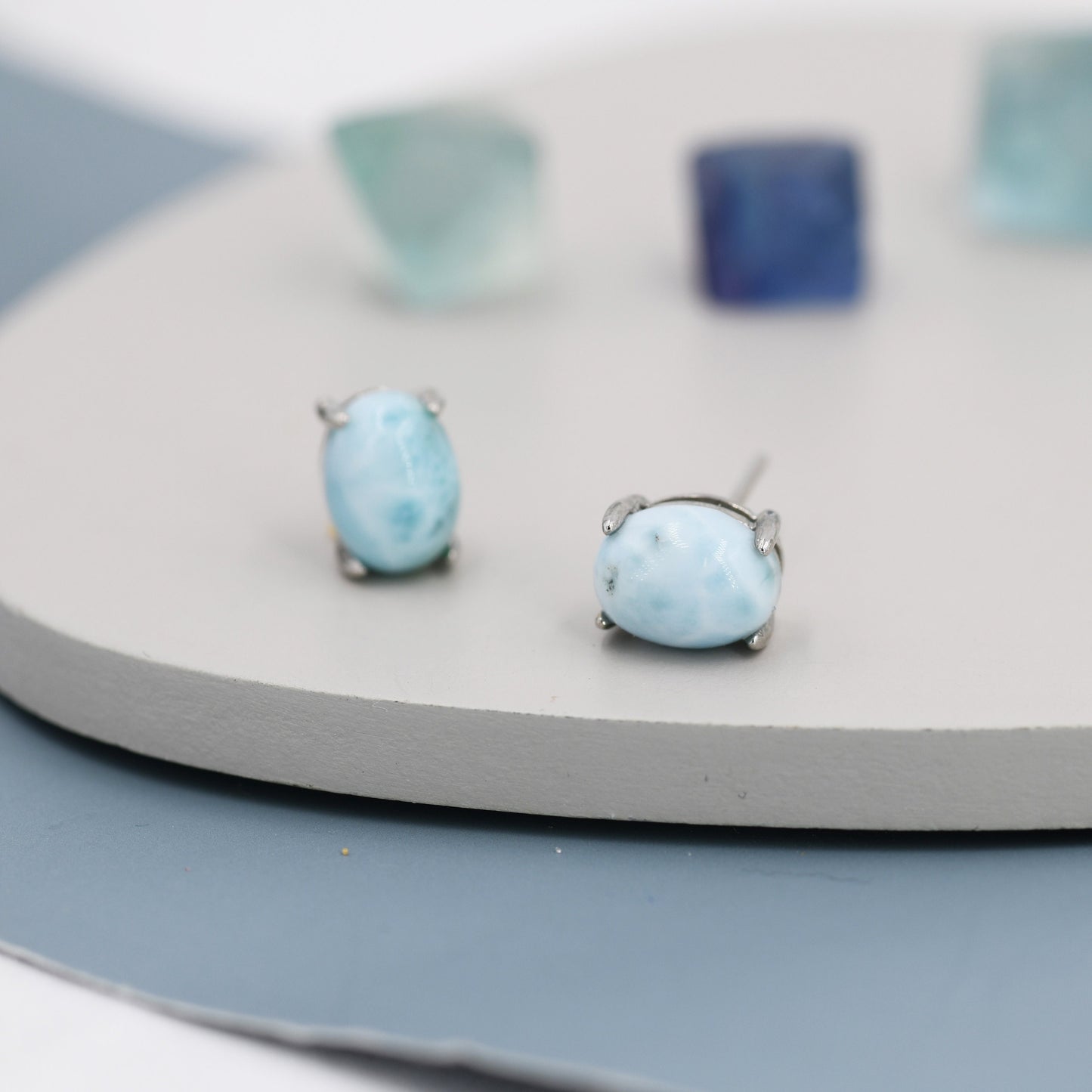 Genuine Larimar Stone Oval Stud Earrings in Sterling Silver, Blue Larimar Stud, Natural Semi-Precious Gemstones, Minimalist  Earrings