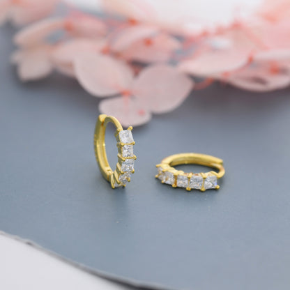 Princess Cut CZ Huggie Hoop in Sterling Silver, Silver or Gold, Minimalist Simple Hoop Earrings