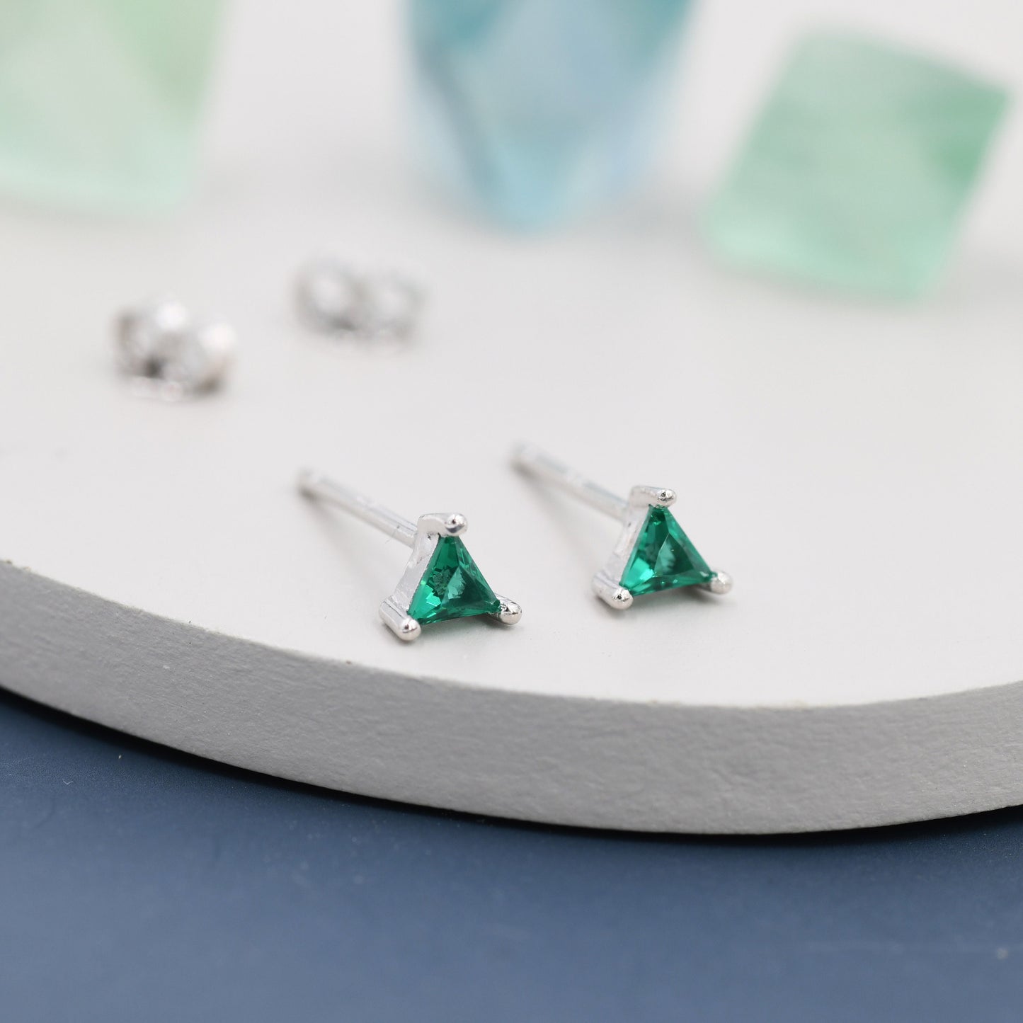 Extra Tiny Emerald Green CZ Triangle Stud Earrings in Sterling Silver, Silver or Gold, Dainty Earrings,  Stacking Earrings, CZ Crystal Stud