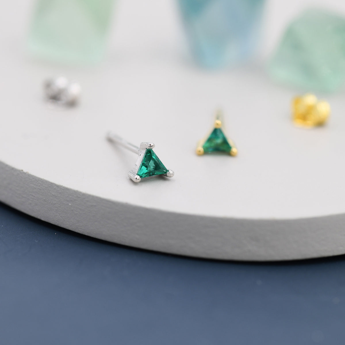 Extra Tiny Emerald Green CZ Triangle Stud Earrings in Sterling Silver, Silver or Gold, Dainty Earrings, Stacking Earrings, CZ Crystal Stud