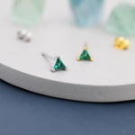 Extra Tiny Emerald Green CZ Triangle Stud Earrings in Sterling Silver, Silver or Gold, Dainty Earrings, Stacking Earrings, CZ Crystal Stud