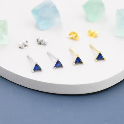 Extra Tiny Sapphire Blue CZ Triangle Stud Earrings in Sterling Silver, Silver or Gold, Dainty Earrings,  Stacking Earrings, CZ Crystal Stud