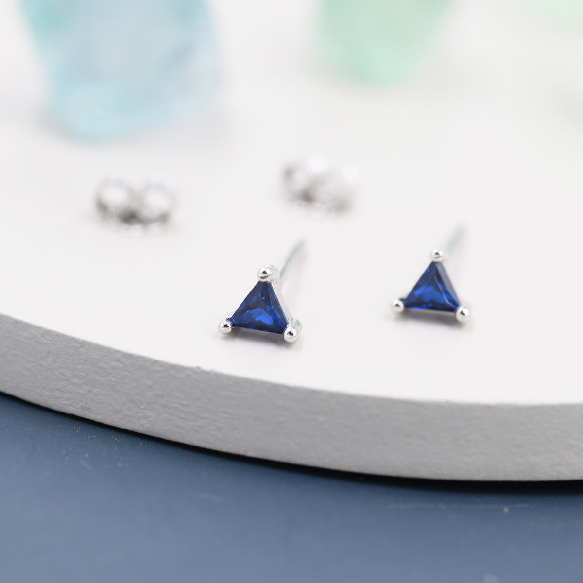Extra Tiny Sapphire Blue CZ Triangle Stud Earrings in Sterling Silver, Silver or Gold, Dainty Earrings, Stacking Earrings, CZ Crystal Stud