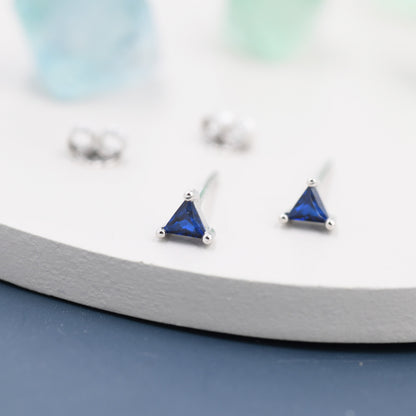 Extra Tiny Sapphire Blue CZ Triangle Stud Earrings in Sterling Silver, Silver or Gold, Dainty Earrings,  Stacking Earrings, CZ Crystal Stud