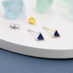 Extra Tiny Sapphire Blue CZ Triangle Stud Earrings in Sterling Silver, Silver or Gold, Dainty Earrings, Stacking Earrings, CZ Crystal Stud