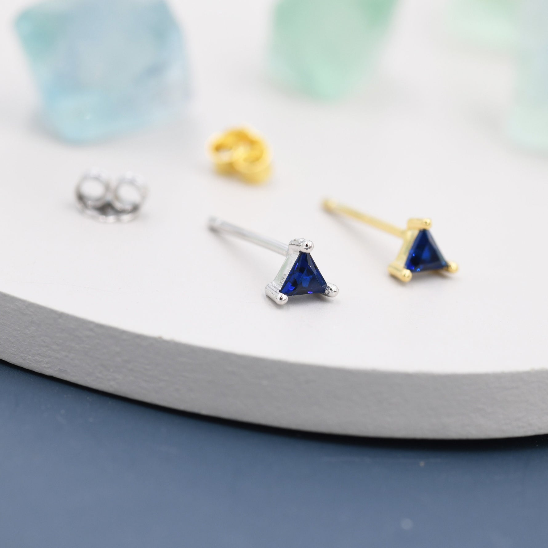 Extra Tiny Sapphire Blue CZ Triangle Stud Earrings in Sterling Silver, Silver or Gold, Dainty Earrings, Stacking Earrings, CZ Crystal Stud