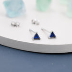 Extra Tiny Sapphire Blue CZ Triangle Stud Earrings in Sterling Silver, Silver or Gold, Dainty Earrings, Stacking Earrings, CZ Crystal Stud